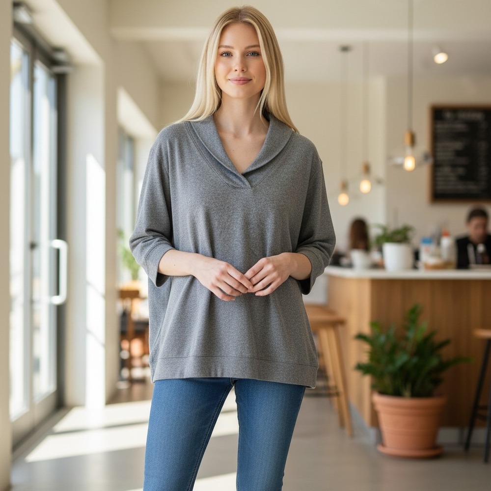 Cozy Minimalist Sport Top Womens 1X Gray Excellent Shawl Collar 3/4 Sleeve Coton